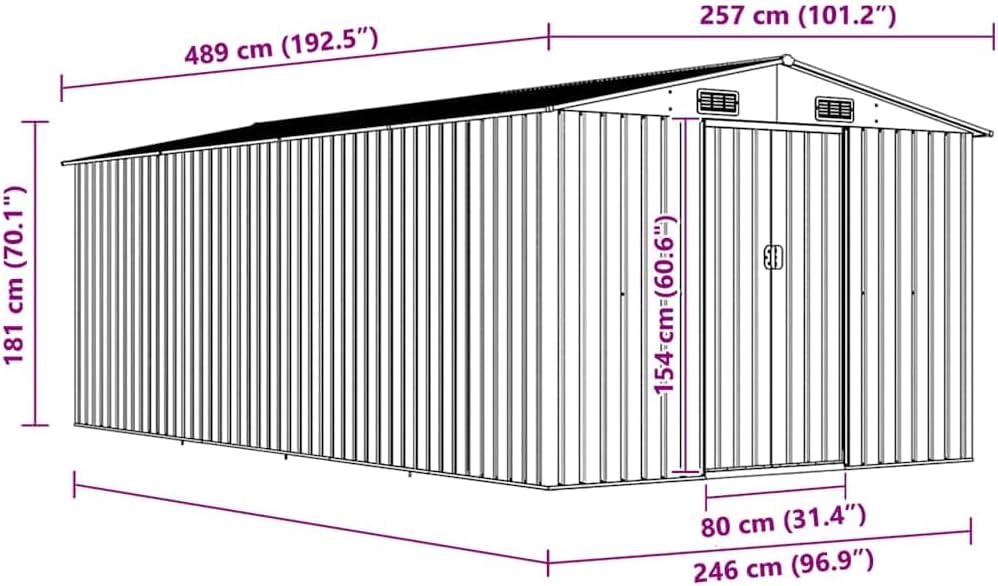 vidaXL Abri de Jardin 257x489x181 cm Métal Gris Terrasse Patio Cabane à Outils