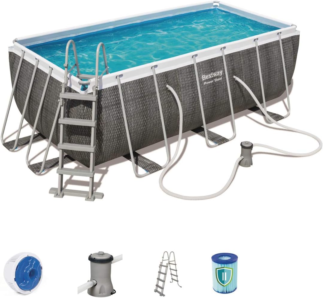 Bestway 56722 Power Steel - Piscine hors sol rectangulaire, 412 x 201 x 122 cm, échelle de sécurité et distributeur chimique ChemConnect, effet rotin gris