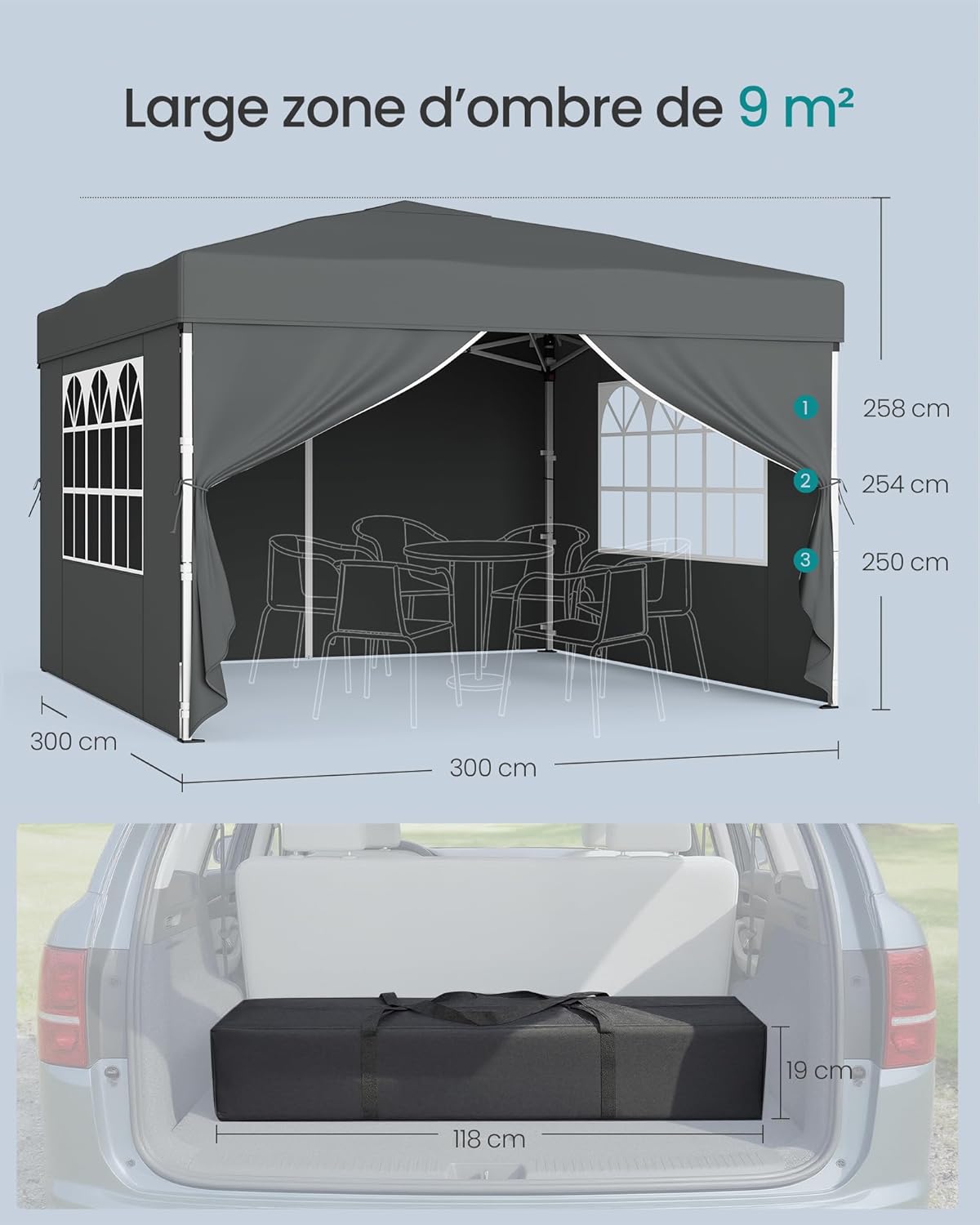 Tonnelle SONGMICS - Chapiteau pliable 3x3m - Protection solaire, résistante aux petites pluies, portable, avec parois la