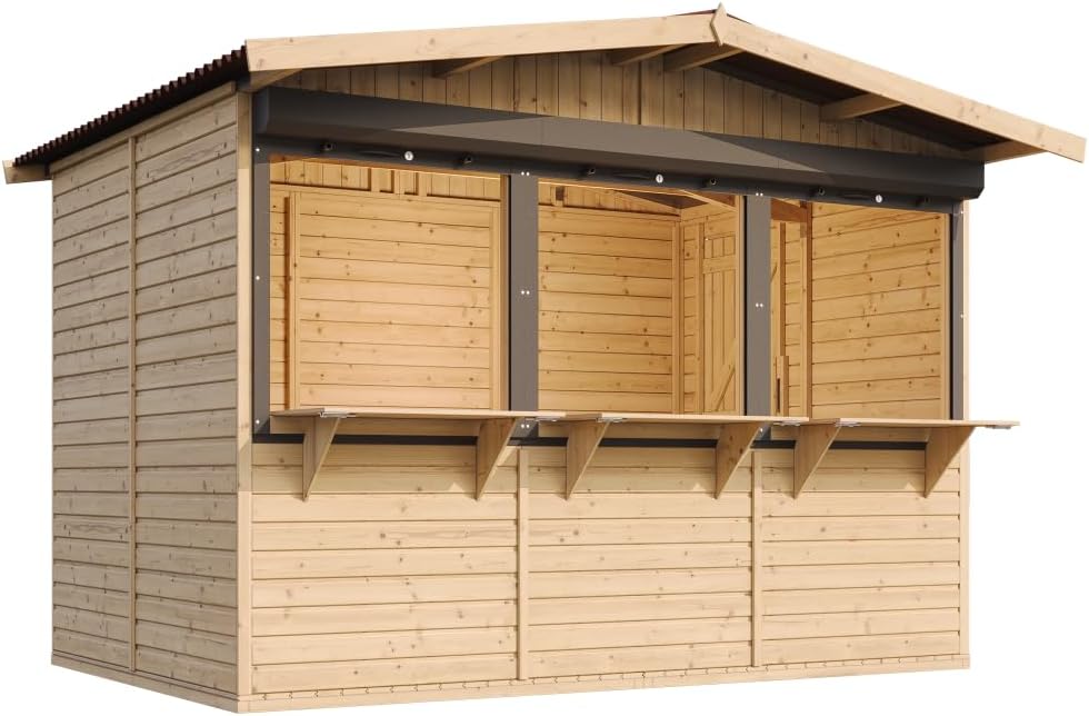 TIMBELA Abri de Jardin en Bois M150AZ – Kiosque Bois - Stand Marché avec 3 Fenêtres + Volets roulants, L336xP263xH232 cm / 6 m², Facile à Monter et à Démonter, Bar Jardin