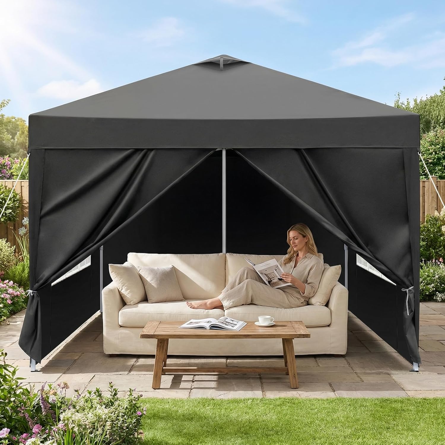 LEADZM - tonnelle pliable 3x3m, imperméable, UV 50+, accessoires, Noir-évent