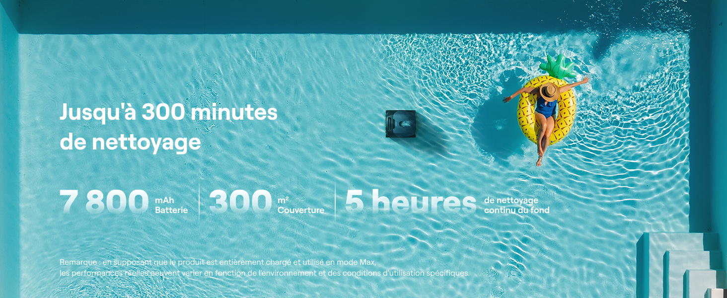 Le texte indique « Jusqu'à 300 minutes de lavage », « 7 800 », « 300 » et « 5 heures ». Vue aérienne d'un appareil photo jaune et noir flottant dans la piscine avec des spécifications textuelles affichées sur l'eau.