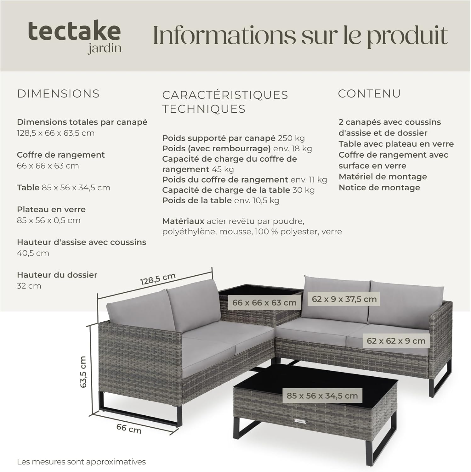 tectake - Salon de jardin modulable 4 places, table verre, coffre, coussins