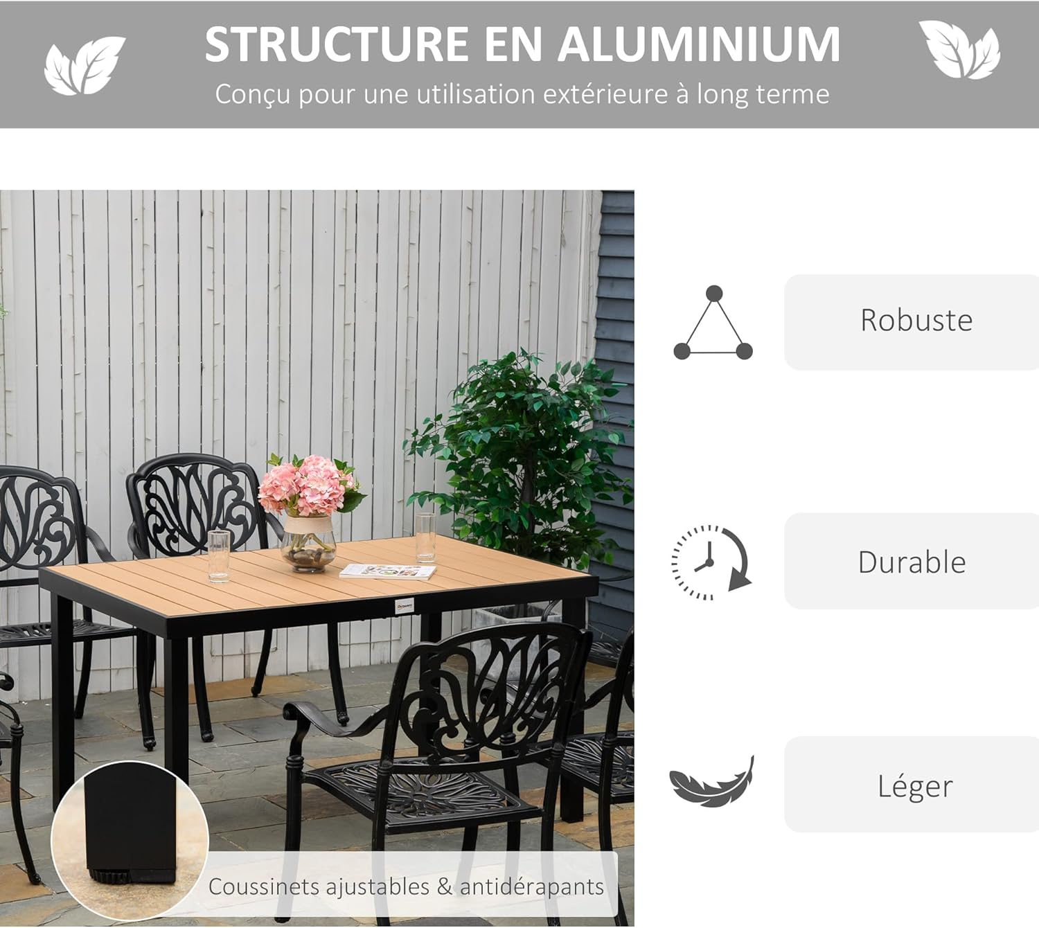Outsunny - Table à manger jardin, 140x90x74 cm, aluminium bois naturel