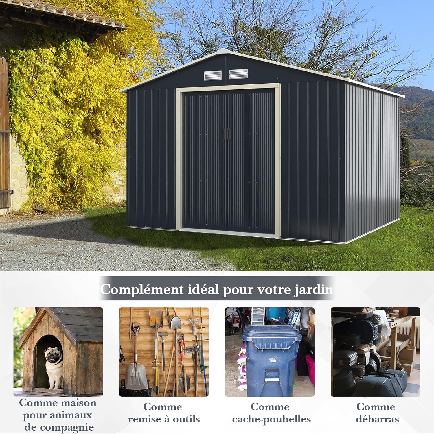 GOPLUS - abri de jardin métal 277x255x202cm, portes coulissantes, résistant intempéries