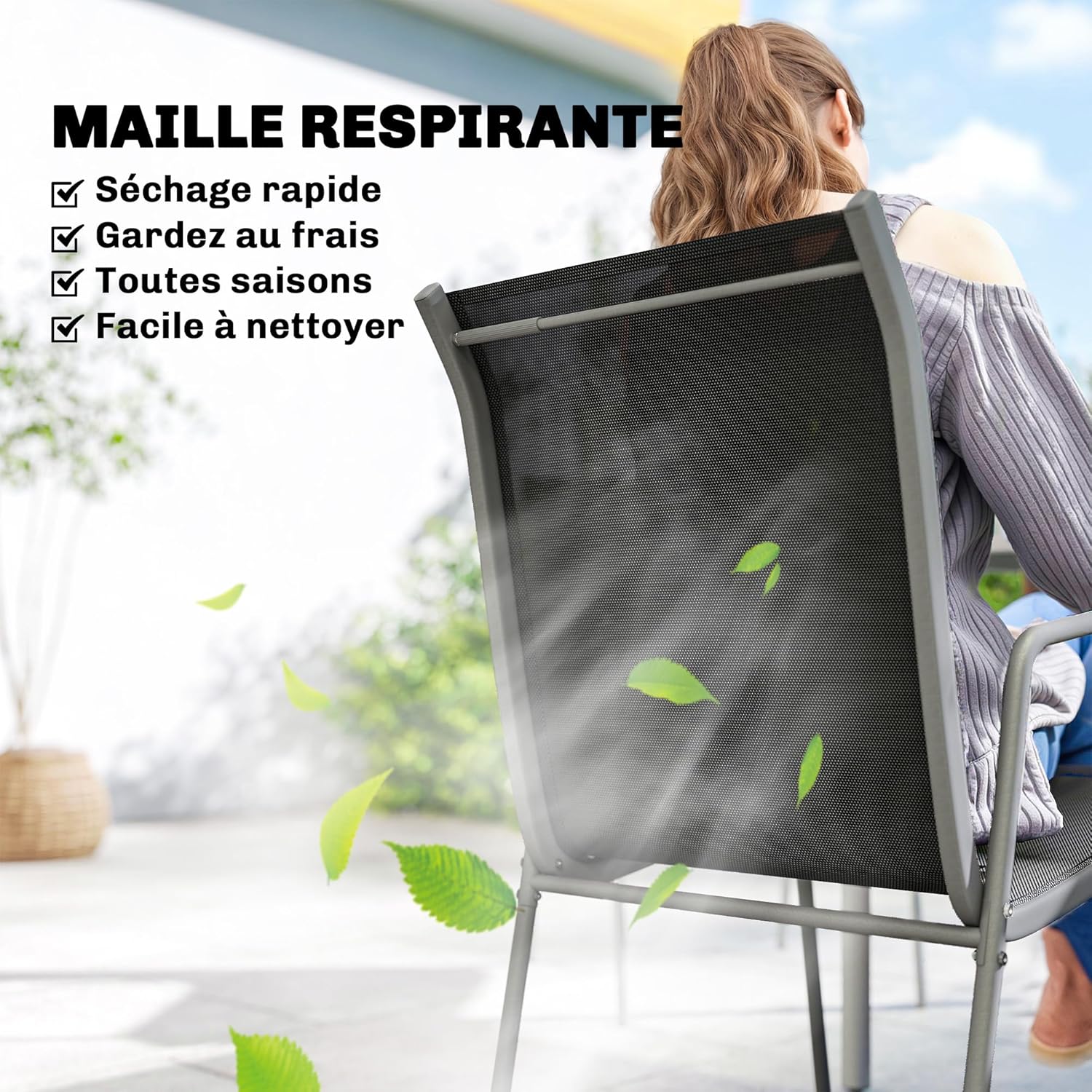 Outsunny - salon jardin 6 personnes - table verre, chaises empilables, textilène, argent