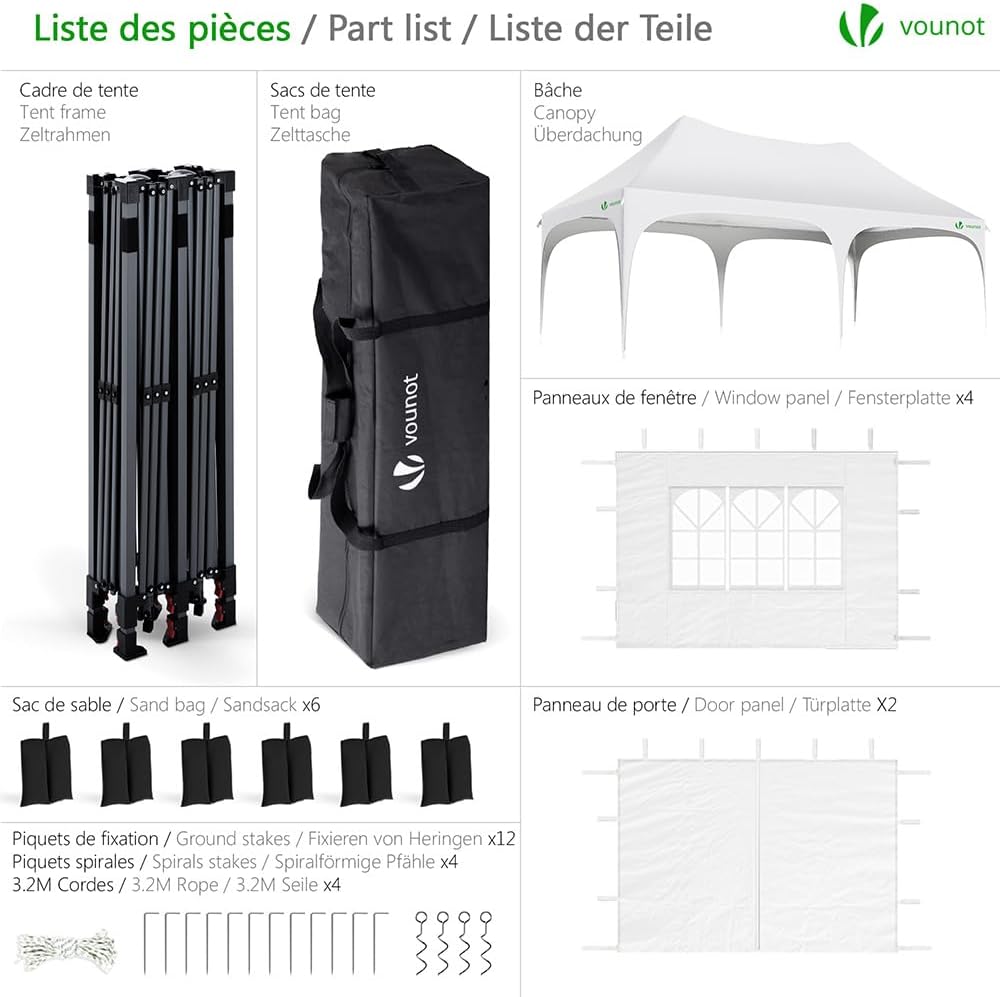 VOUNOT - tonnelle pliante 3x6m - 6 parois, imperméable, anti-UV