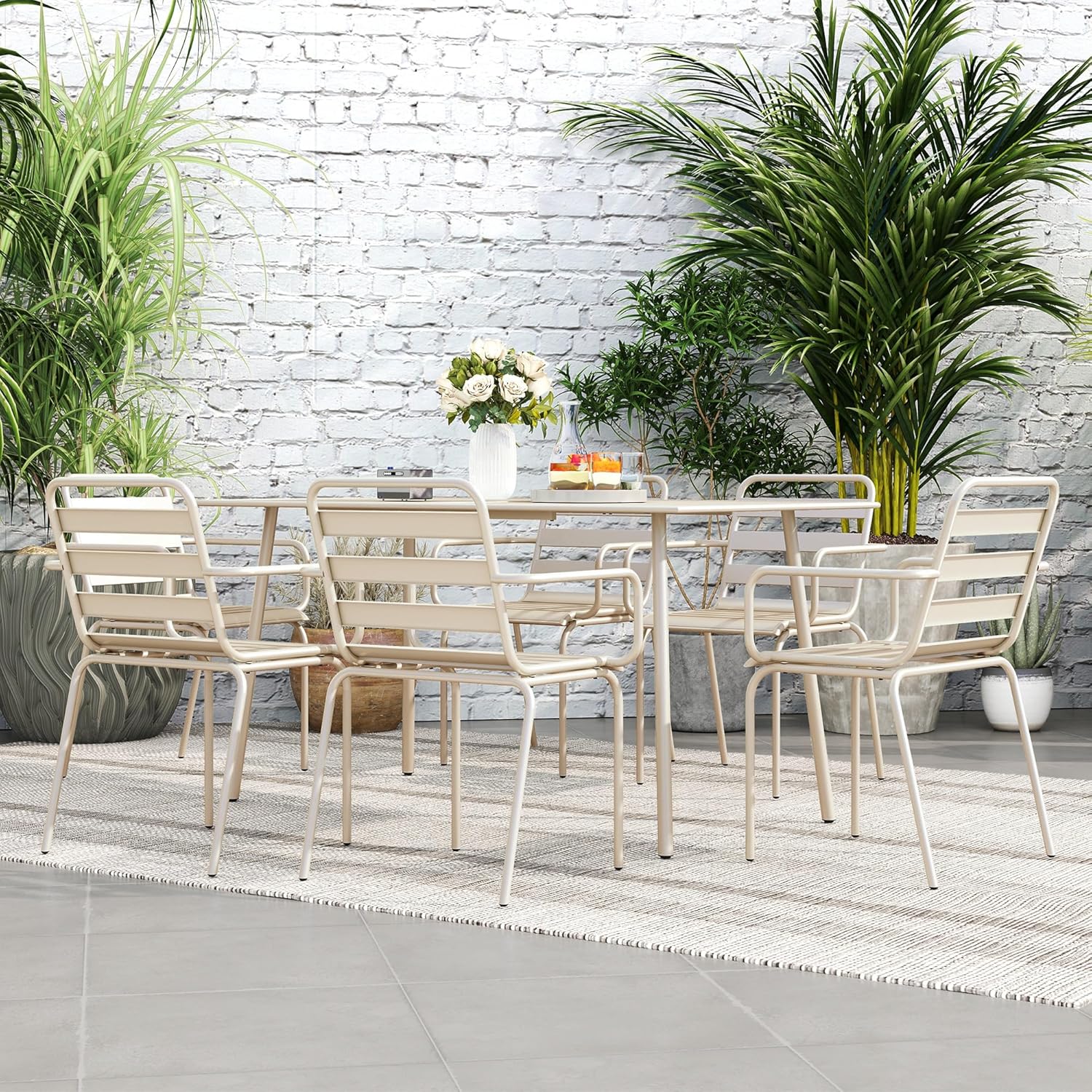 Outsunny - Ensemble salle à manger 7 pcs - table + 6 chaises empilables acier beige