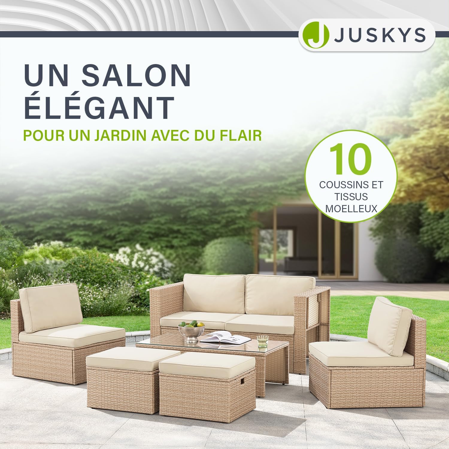 Juskys - Salon de Jardin Salou - 6 places - polyrotin, table, coussins, crème/sable