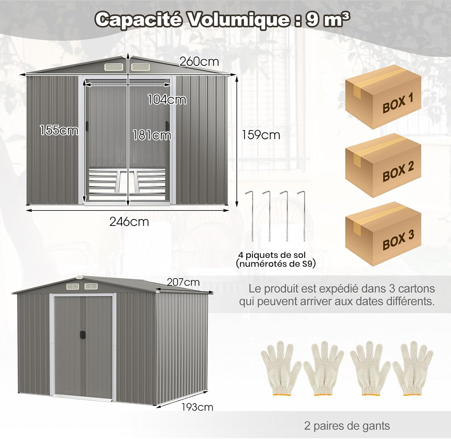 COSTWAY Abri de Jardin 4.7㎡en Acier Galvanisé Anti-UV, 260 x 207 x 181 CM, Cabane de Jardin Exterieur 9.7 m³ avec Fondation et Porte Coulissante, Rampe, 4 Trous d’Aération, 4 Gants Inclus, Gris