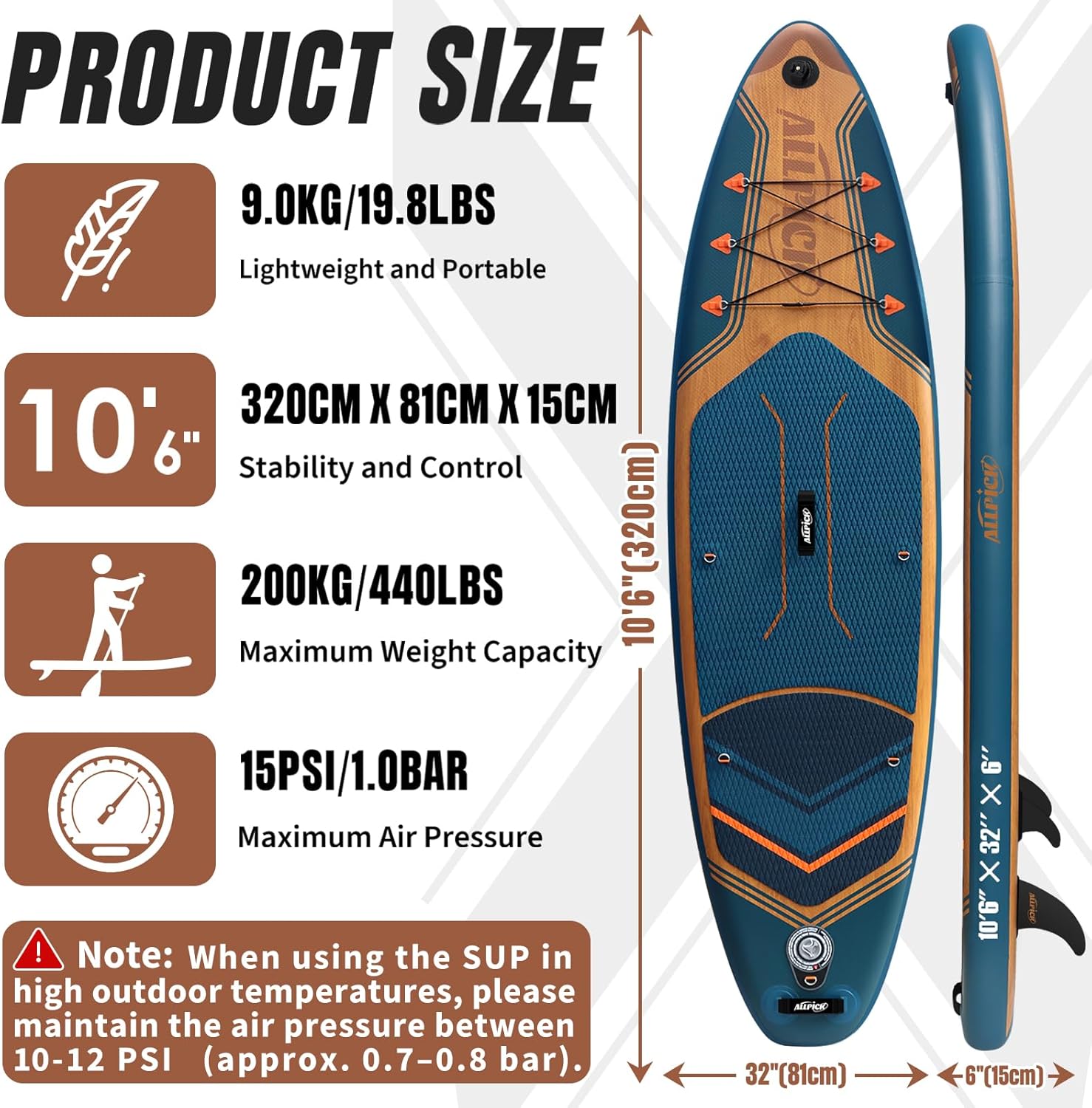 ALLPICK - Paddle gonflable série 320 cm - 200 kg, pagaie réglable, support caméra