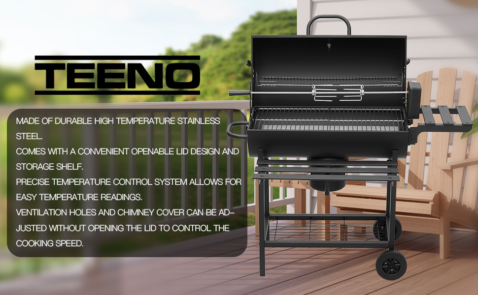 Grand grill extérieur noir avec système de contrôle de la température, trous de ventilation et étagère de rangement. Fabriqué en acier inoxydable durable à haute température pour une cuisson efficace