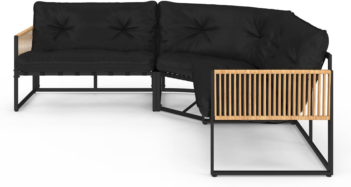IDMarket - Rio salon de jardin angle 8 places métal rotin coussins noir