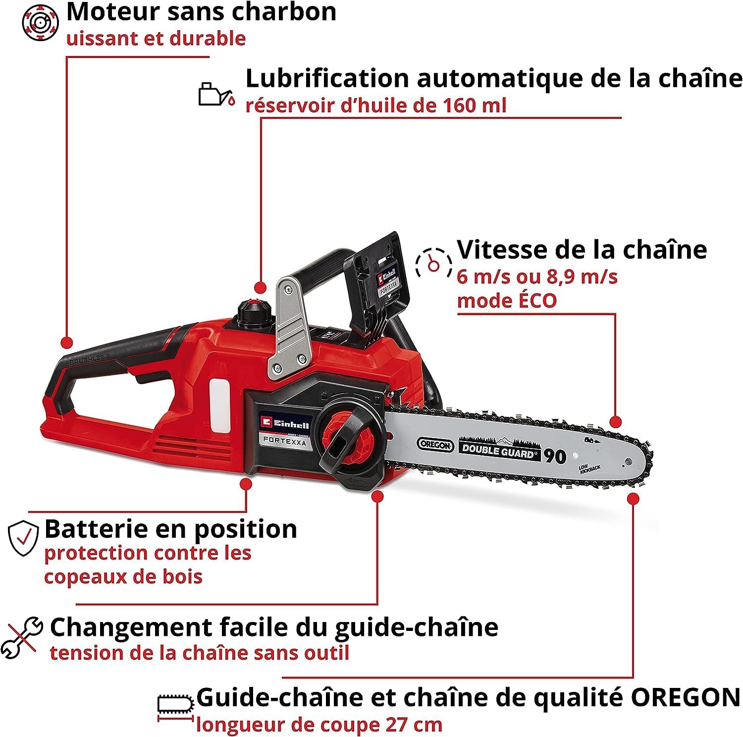 Einhell Tronçonneuse sans fil FORTEXXA 18/30 Solo - Power X-Change (18V, moteur sans charbon, guide-chaîne 30 cm, régime max 4 300 tr/min) Livré sans Batterie ni Chargeur