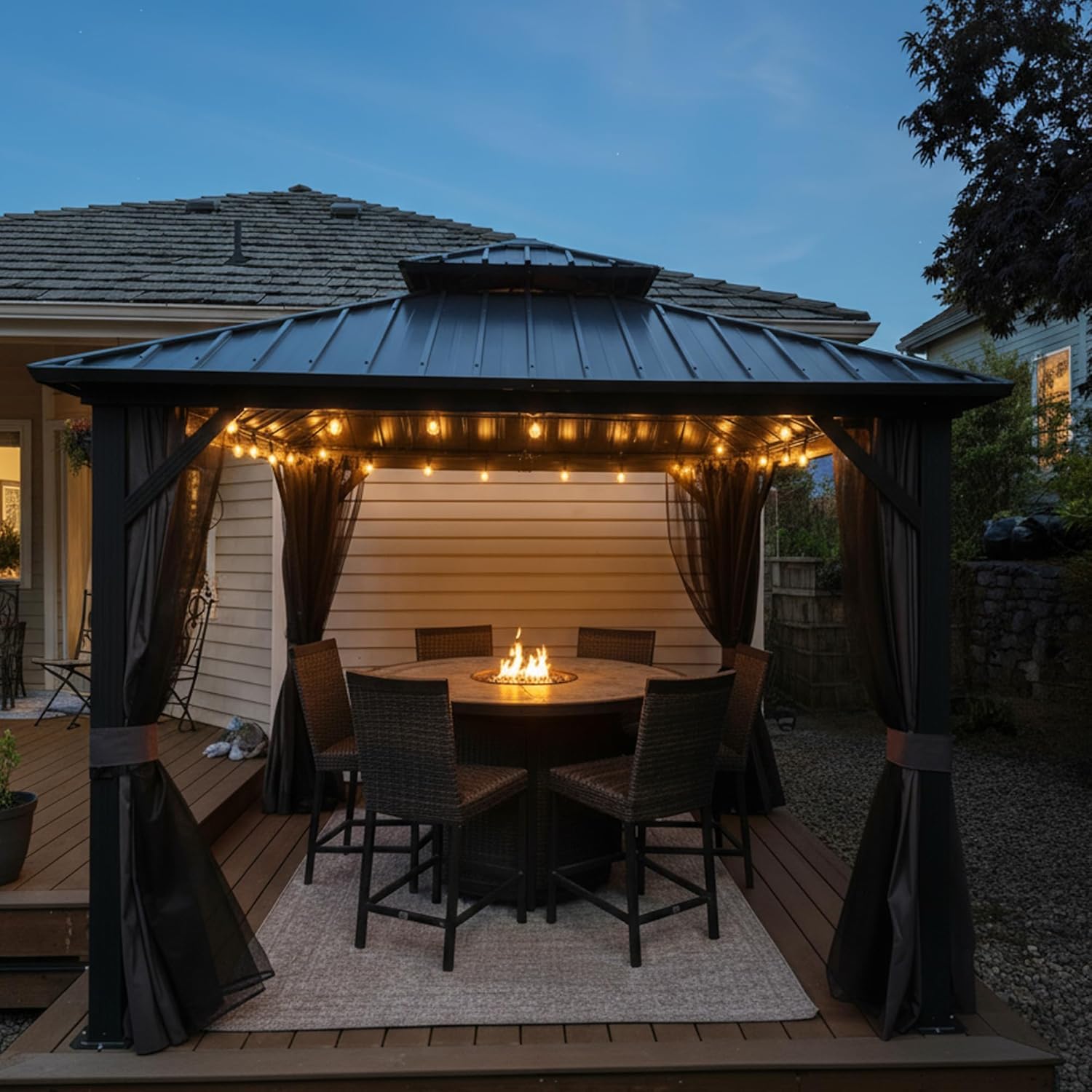 PURPLE LEAF - tonnelle extérieur double toit 3x3m, alu et acier, rideaux, guirlande lumineuse