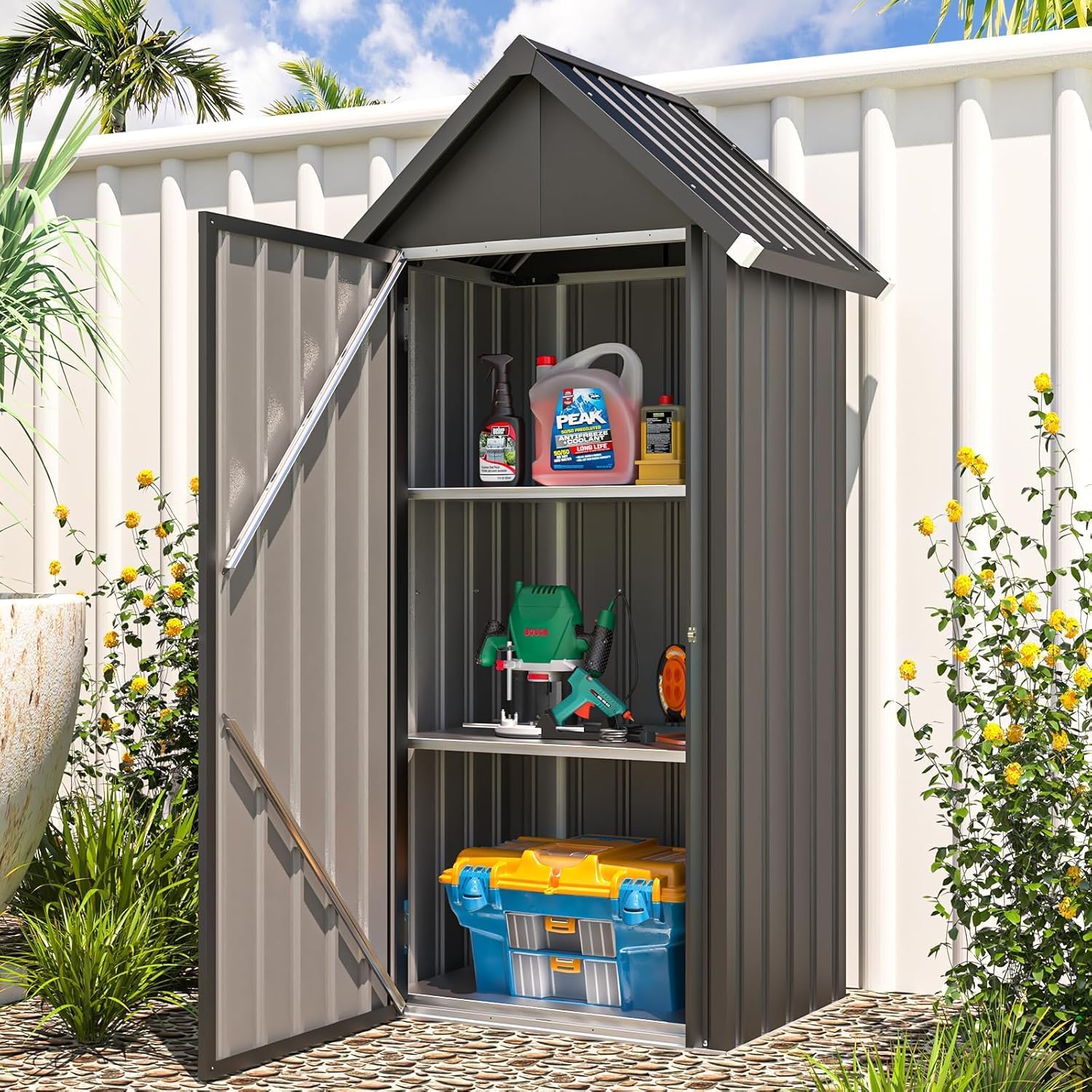 YODOLLA Abri de Jardin Métal, Cabane de Rangement Tout Climat, Résistant aux Intempéries (Pluie, Vent, Soleil)， Porte Fermeture Sécurisée et 3 Étagères Amovibles, 76x55x178cm, Gris foncé