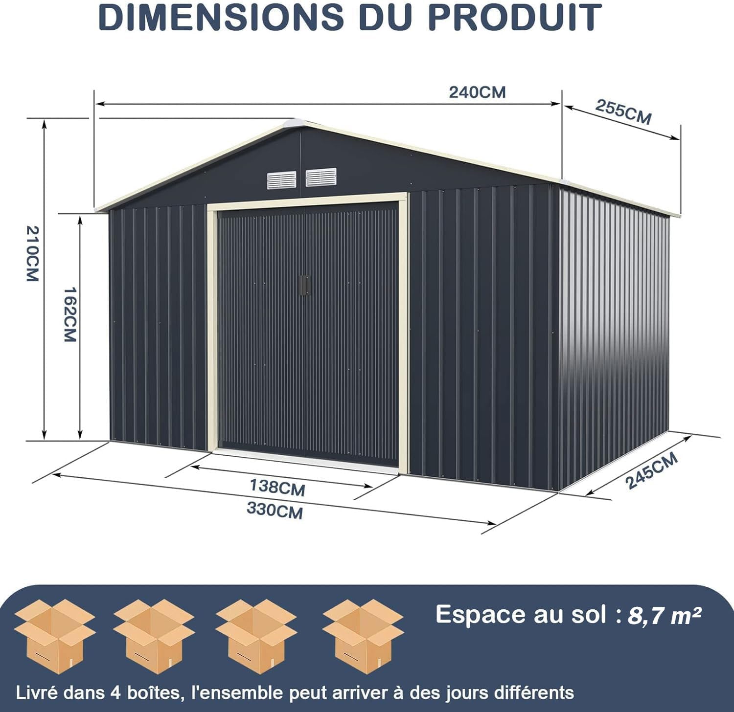 GOPLUS - abri jardin métal galvanisé 330x255x210cm - portes coulissantes, résistant intempéries