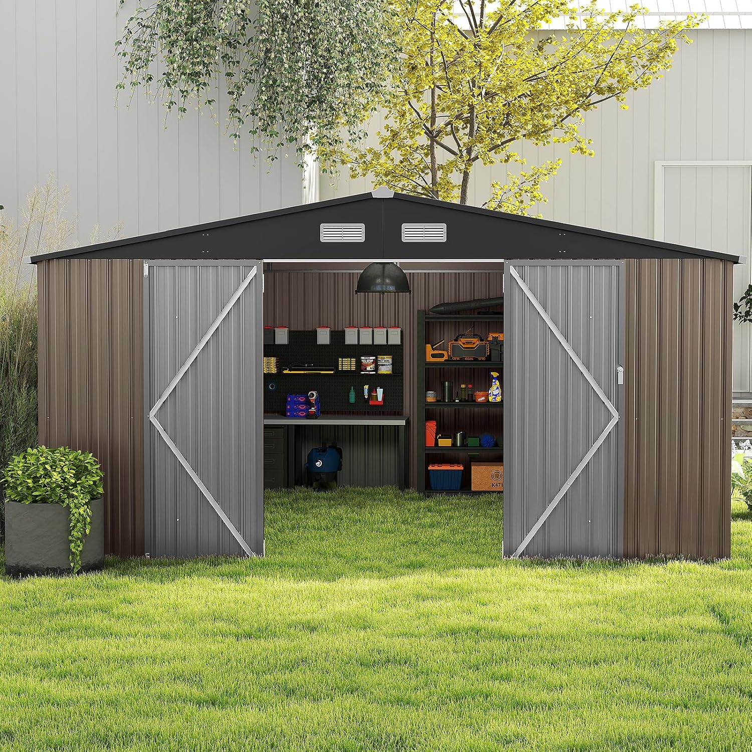 HOMASIS - abri de jardin métal 3,6x3,6m porte fenêtre toit incliné 364x364x198cm