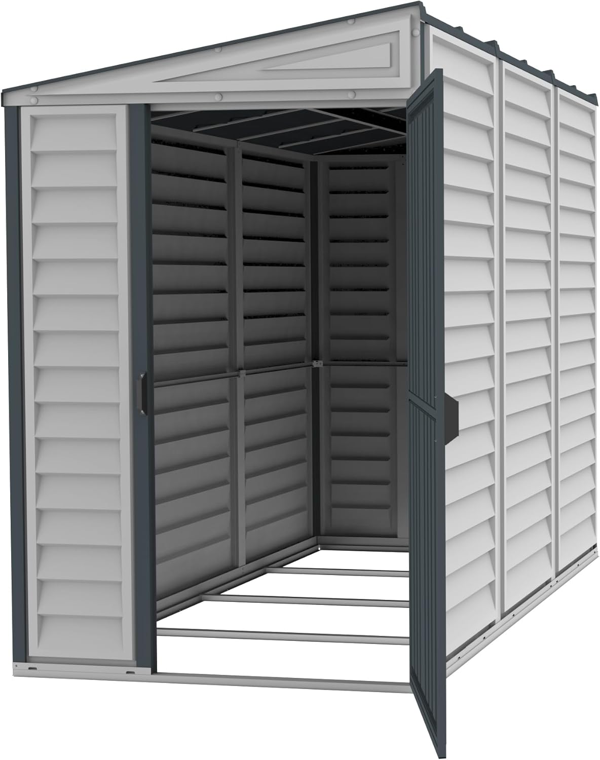 Duramax SideMate PLUS 4 x 8 (2.91 m²) abri de jardin en plastique avec kit de fondation en métal, porte réversible, structure de toit en métal robuste, abri en vinyle sans entretien, Gris foncé/ Adobe