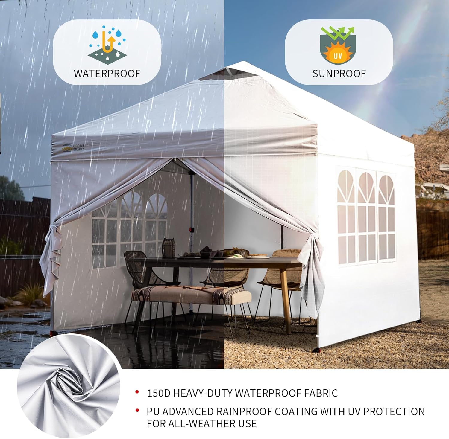 CROWN SHADES - Tonnelle Pliante - 3x3m - Imperméable, UPF 50+, 4 parois, sacs, blanc