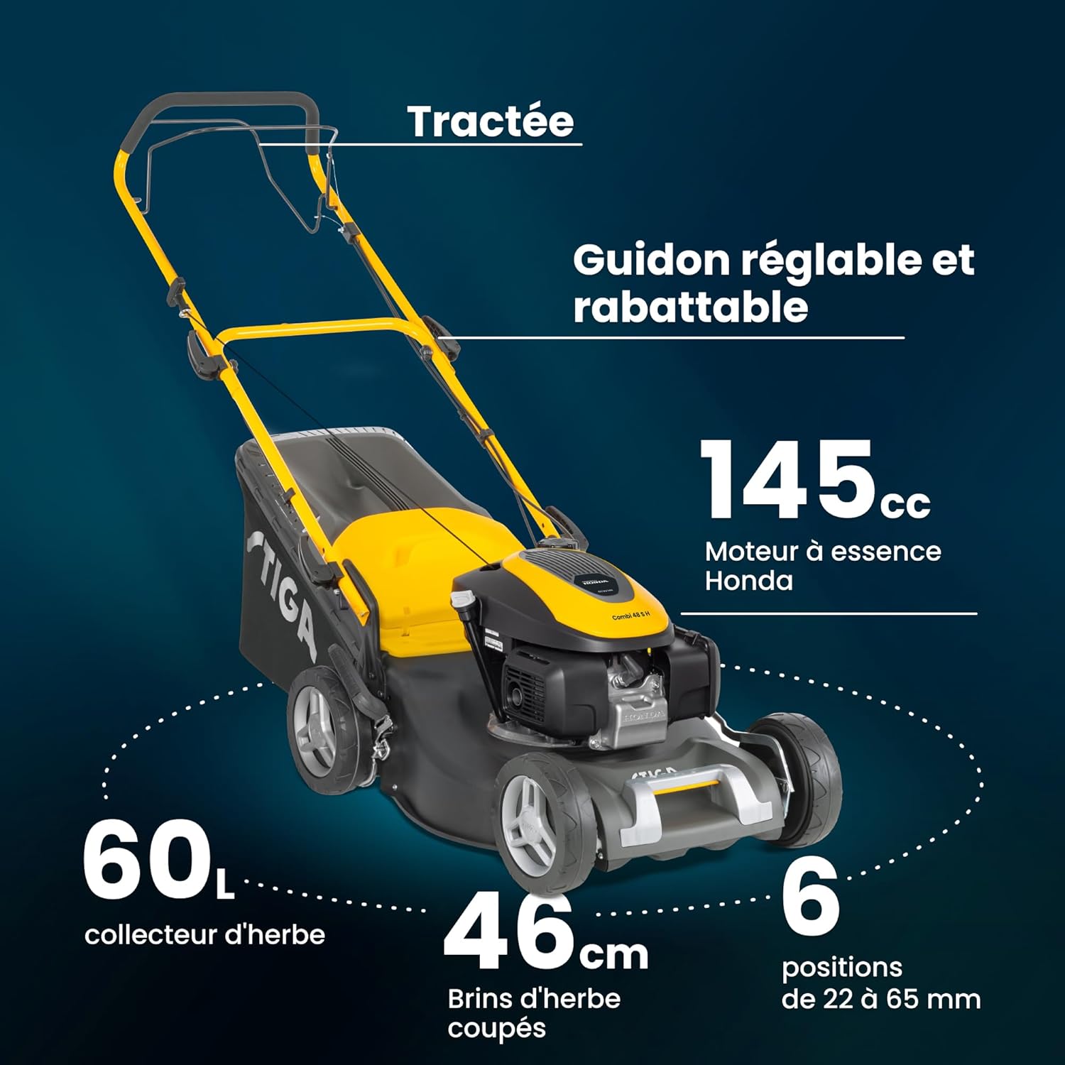 STIGA - Combi 48 S H - 46 cm - 145 cm³, 60 L, 3-en-1, pelouses 1200 m²