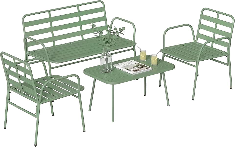 Outsunny - Salon de jardin 4 pièces - acier vert - canapé et fauteuils