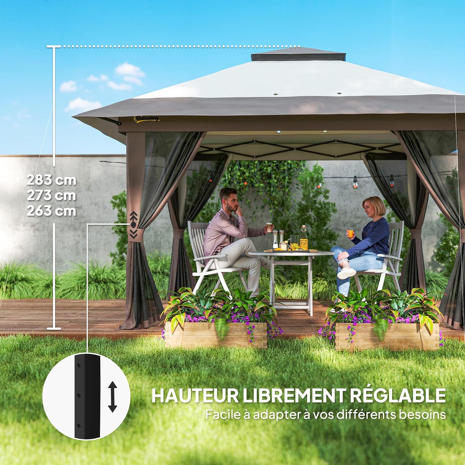 Outsunny - Tonnelle pop-up 4x4 m, double toit, moustiquaires, UV50+