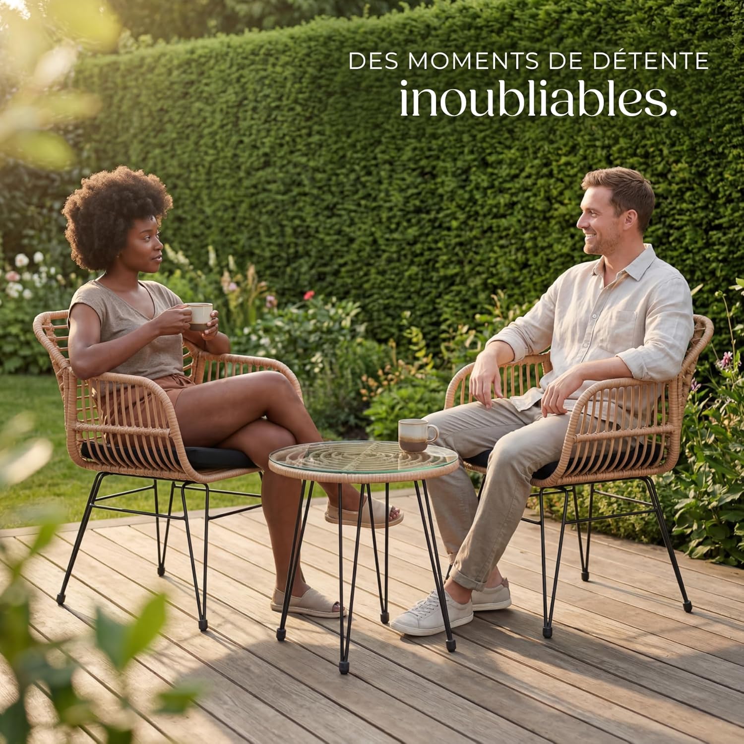 tectake - salon de jardin 3 pcs - fauteuils + table verre, coussins amovibles, extérieur balcons