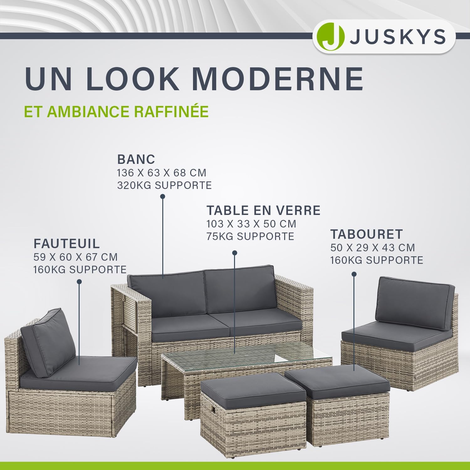 Juskys - Salon de jardin Salou - 6 places, polyrotin, table, coussins, résistant intempéries, gris