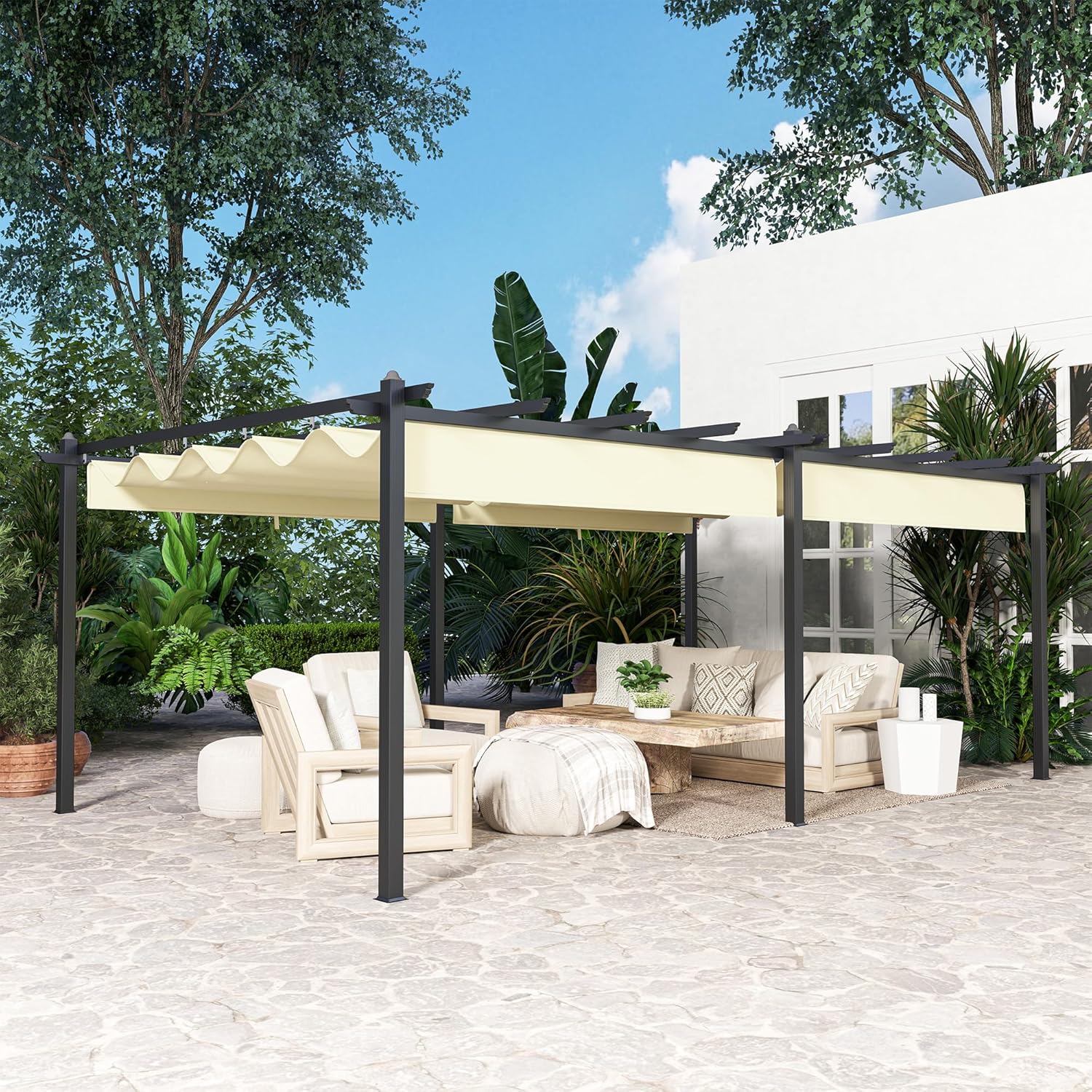 Outsunny - Pergola 3,6x6m - aluminium, toile rétractable, beige