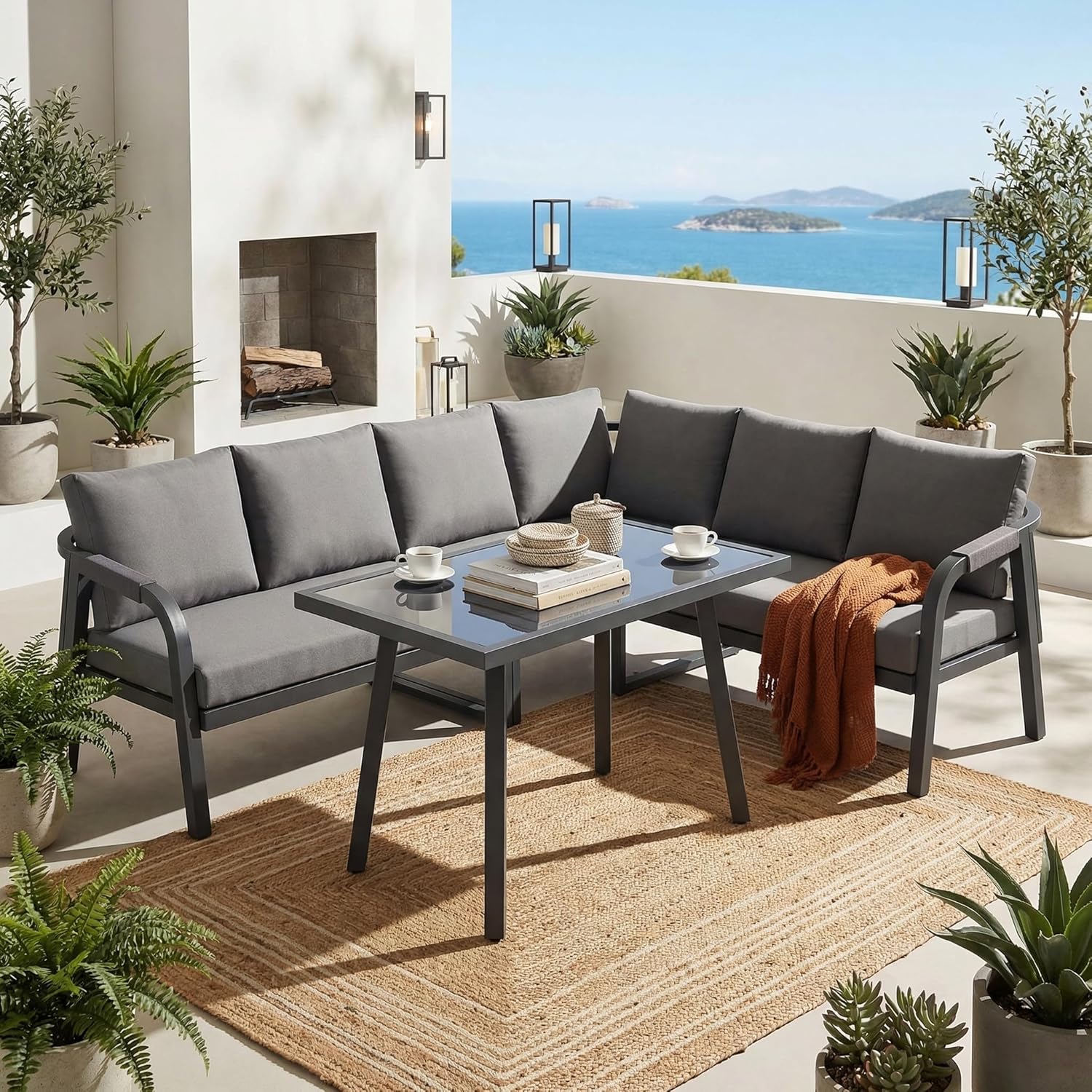 Sapgaks - Ensemble Salon de jardin 6 places, acier, dossiers tressés - M-Gris