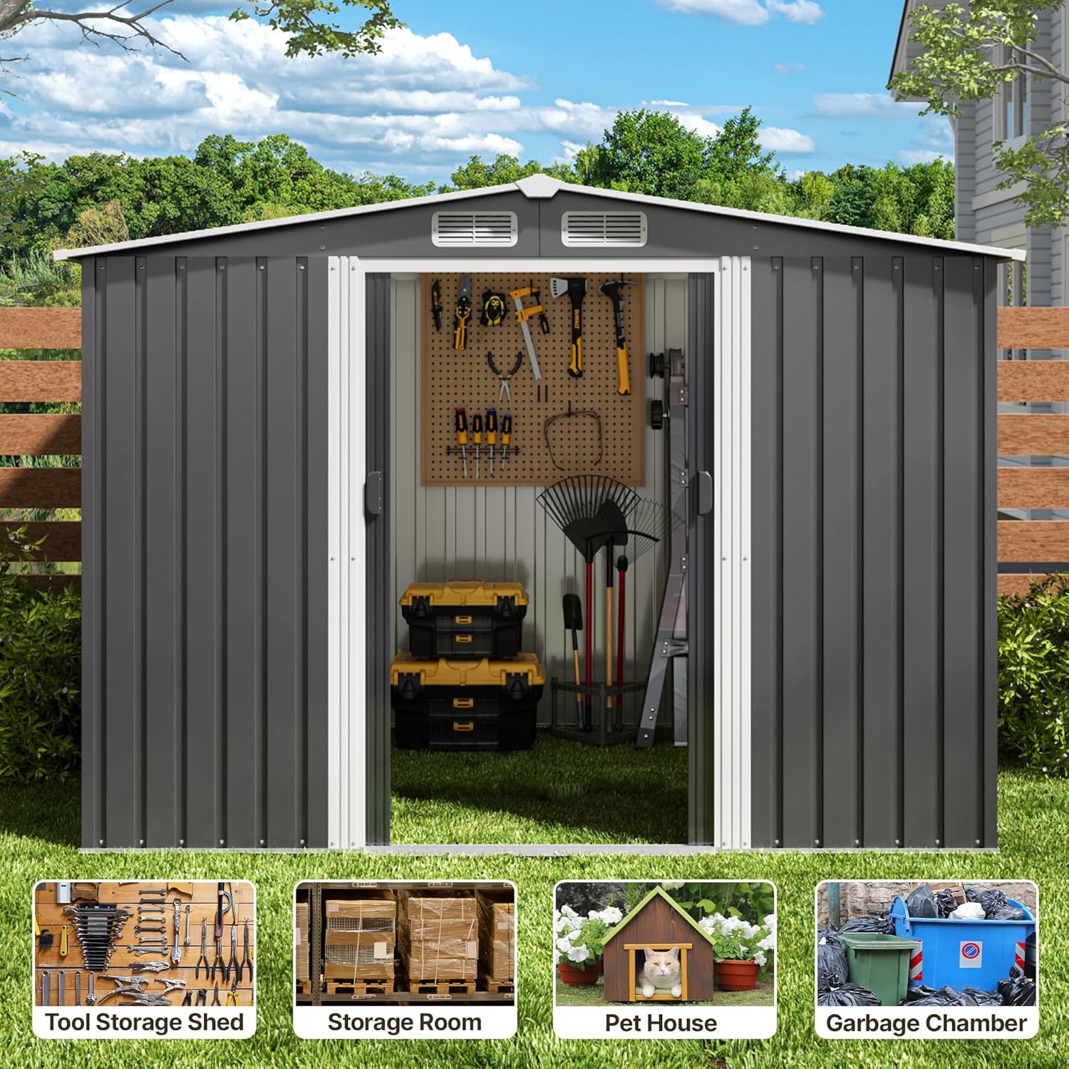 Xbro - abri à outils métal série inclinée - 247x193x179 cm - porte coulissante, serrure, gants inclus