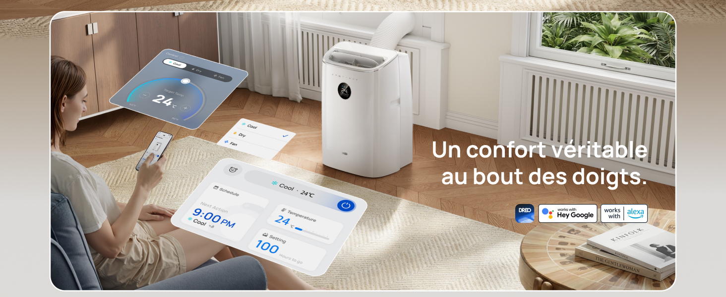 Le texte se lit comme suit : « Un confort au-delà des doigts » et « OSII TOSU ». Scène intérieure montrant une personne utilisant une tablette affichant l'interface du purificateur d'air, un purificateur d'air cylindrique blanc au sol, des journaux avec des écrans d'application affichés.