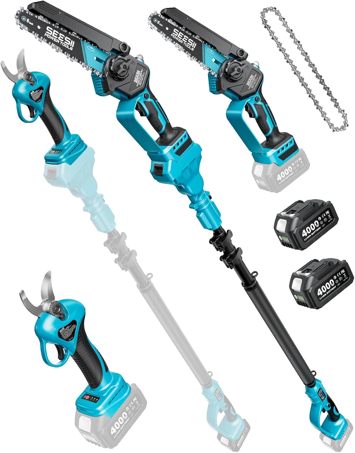 SEESII P6 Combo 6 Pouces Mini Tronconneuse avec Perche & 33 mm Secateur Electrique, 4-en-1 Ensemble d’Outils de Jardin avec 2 * 4000 mAh Batteries, Portée Maximale Jusqu’à 4,57 m