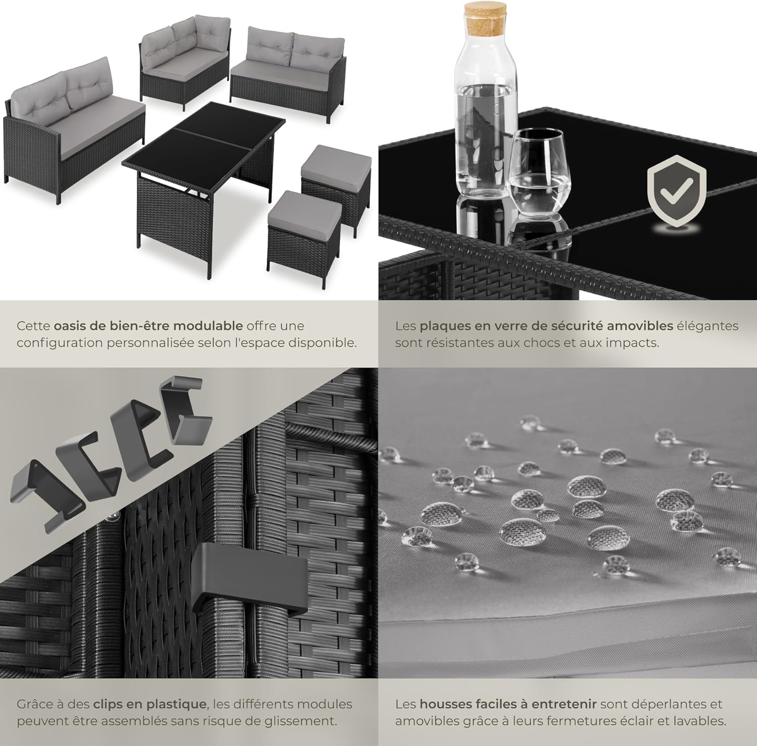 tectake - salon jardin modulable rotin - canapé angle, verre, poufs, coussins