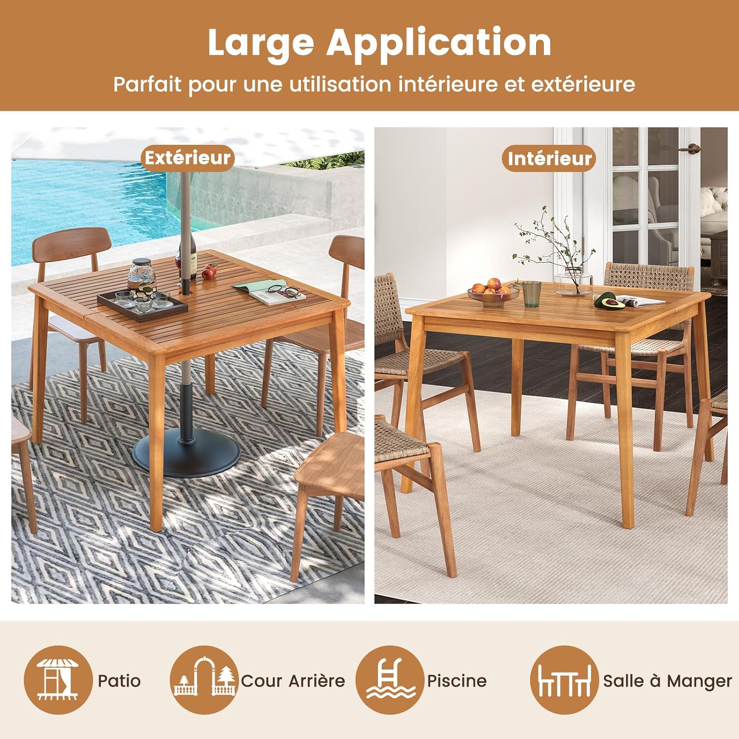 GOPLUS - table de jardin en bois d'acacia 100x100 cm - 4 places, trou pour parasol