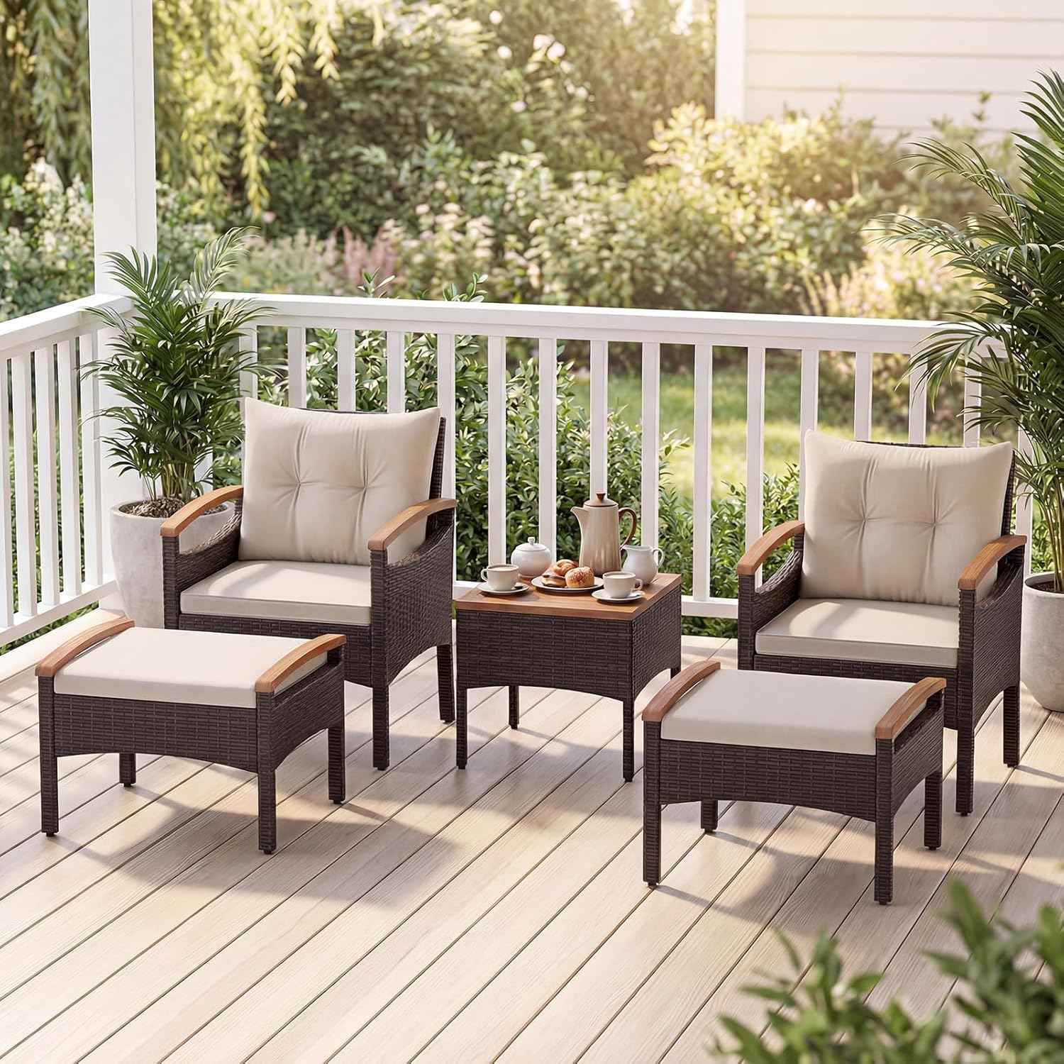 Costway - Salon de jardin 5 pcs - Acacia - Rotin beige, coussins épais