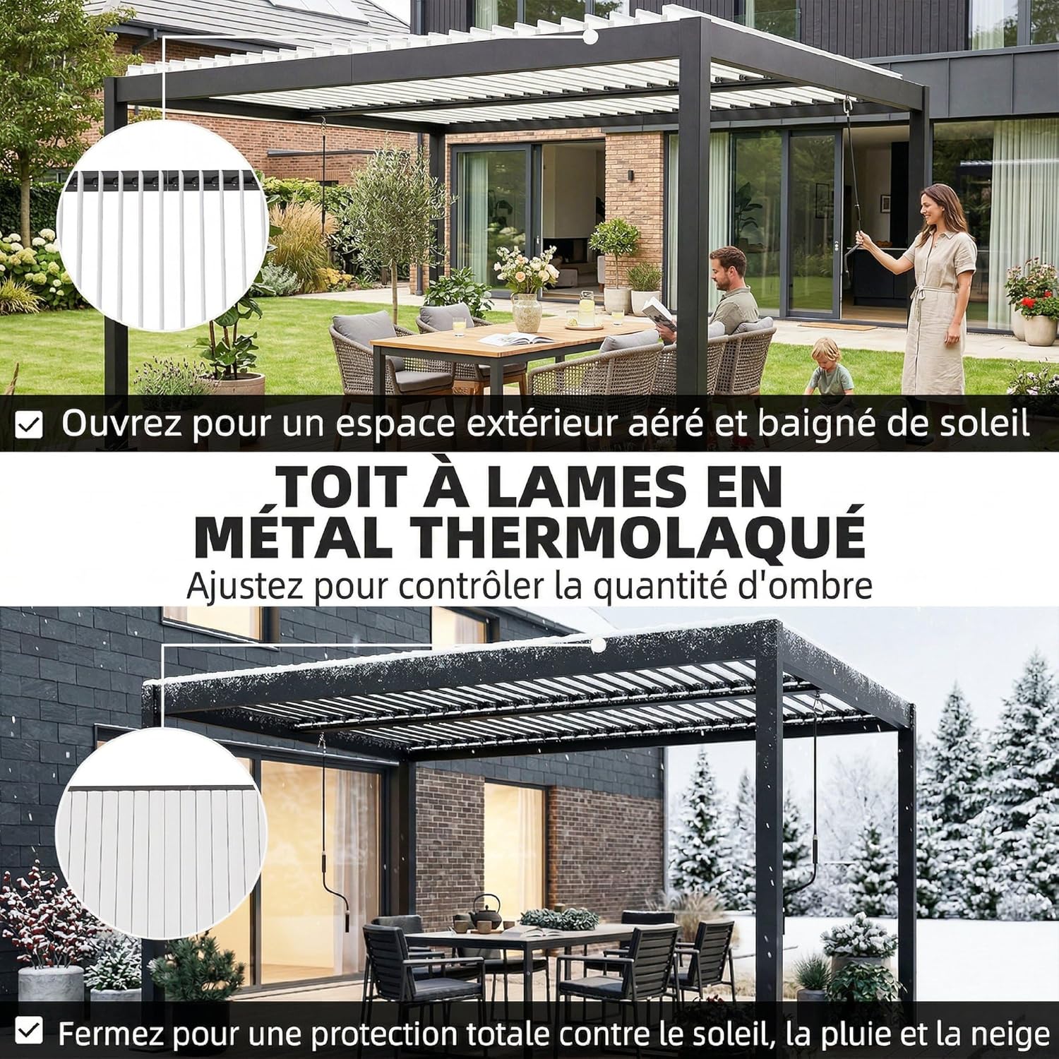 Outsunny - Pergola Bioclimatique - 4x3m - alu blanc, toit lames orientables, manivelle