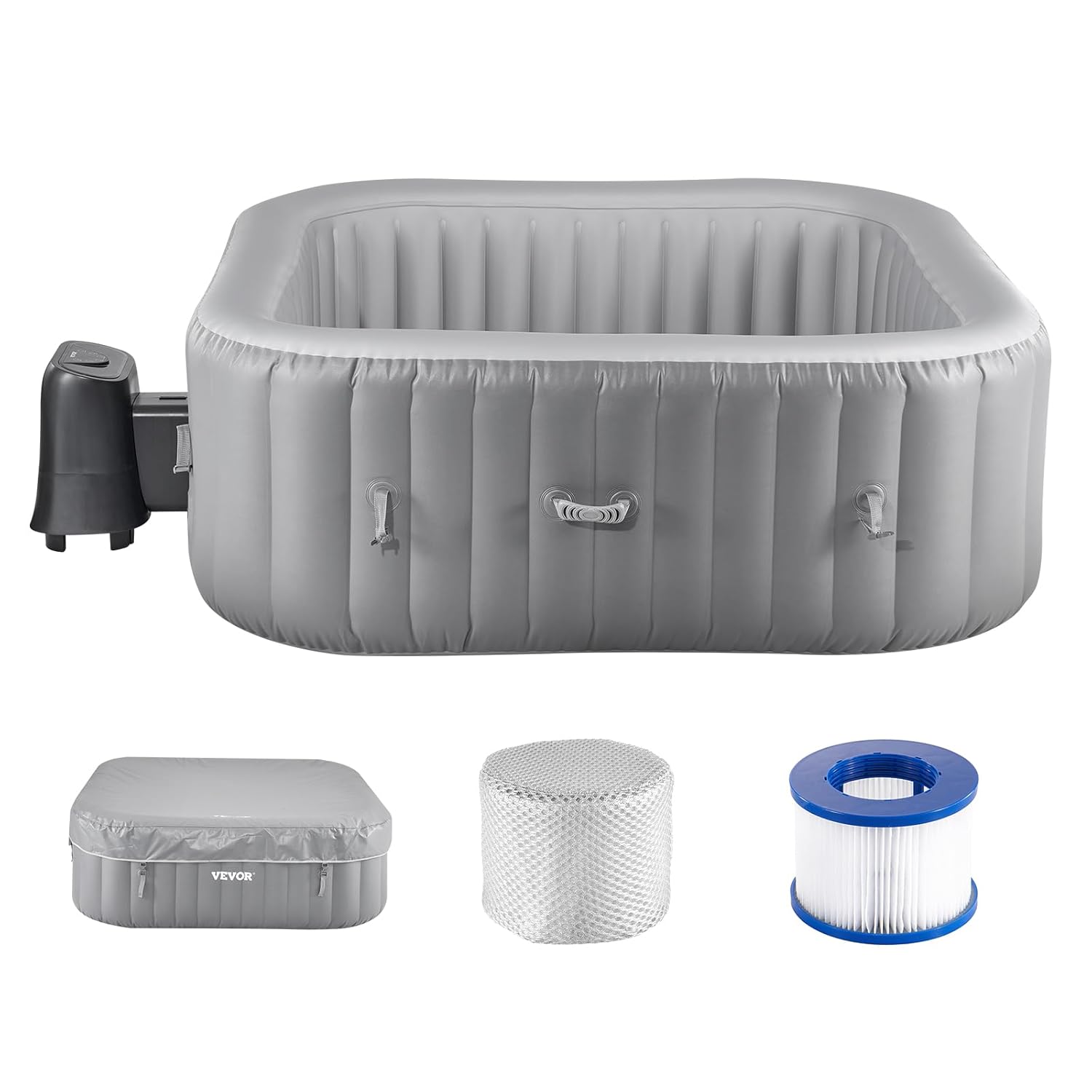 VEVOR Spa Gonflable Carré Capacité 4-6 Personnes, Bains à Remous d’Extérieur Portable 185x66 cm, avec 130 Jets Apaisants, Filtre, Couverture et Tapis, en PVC, Panneau de Commande Multifonction, Gris