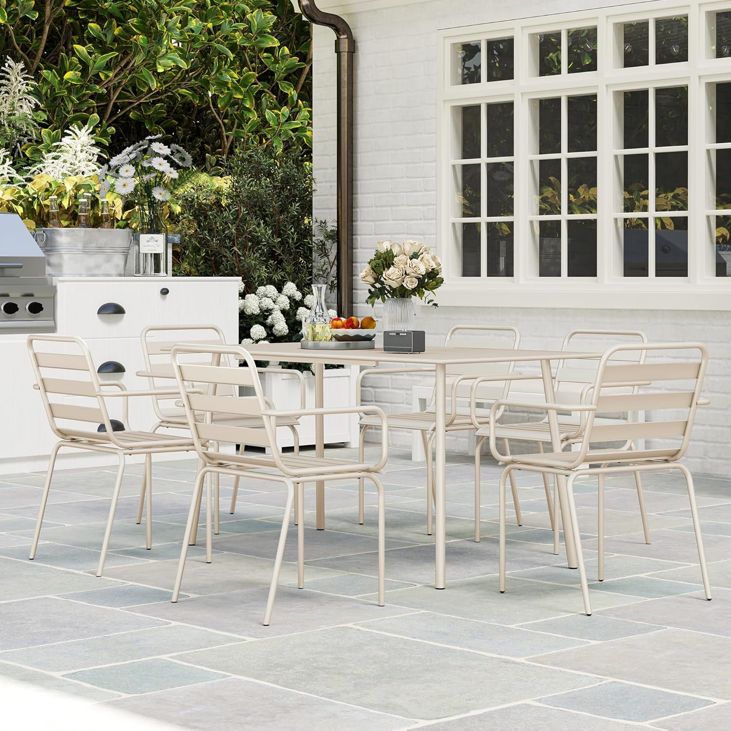 Outsunny - Ensemble salle à manger 7 pcs - table + 6 chaises empilables acier beige