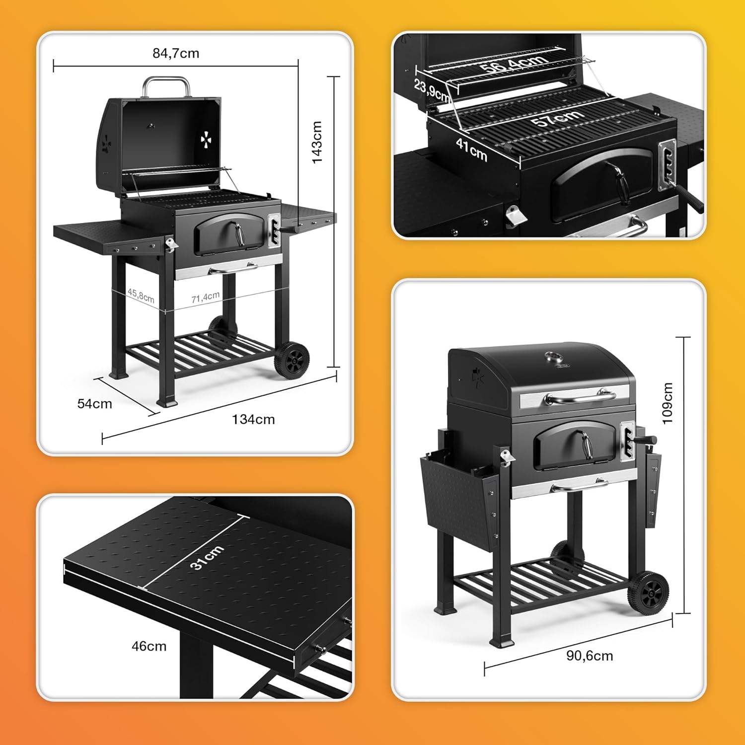 VonHaus - Barbecue XL - grande capacité, tablettes, fumoir, roues