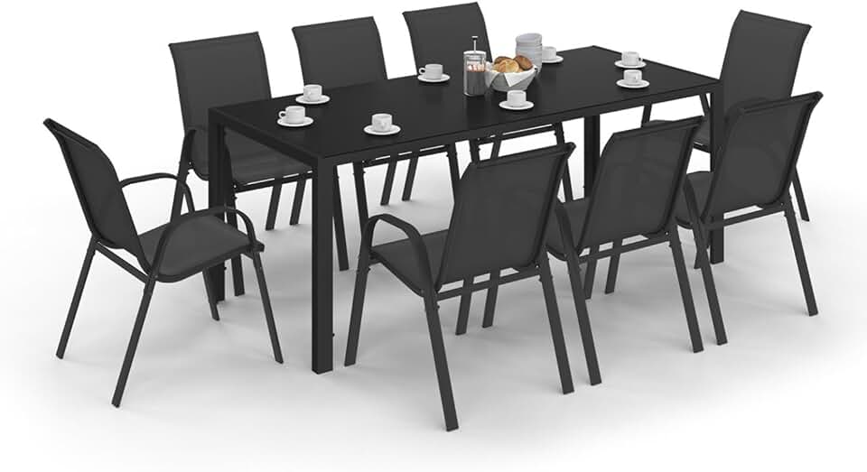 IDMarket - Madrid salon jardin, table 190cm, 8 chaises empilables noires