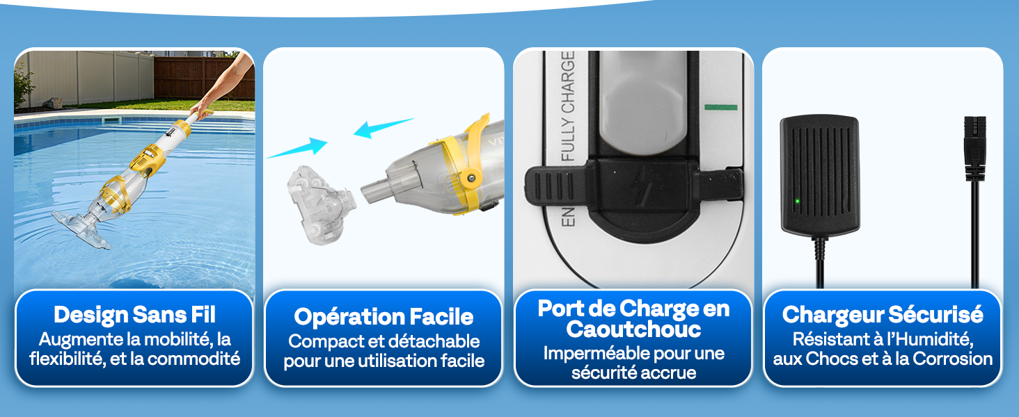 Le texte se lit comme suit : « Design Sans Fil », « Opération Facile », « Port de Charge en ceinture/Houlique », « Chargeur Sécurisé ». Guide produit à quatre panneaux présentant les caractéristiques de conception de l'appareil, son fonctionnement, le port de charge et les spécifications de l'adaptateur secteur.