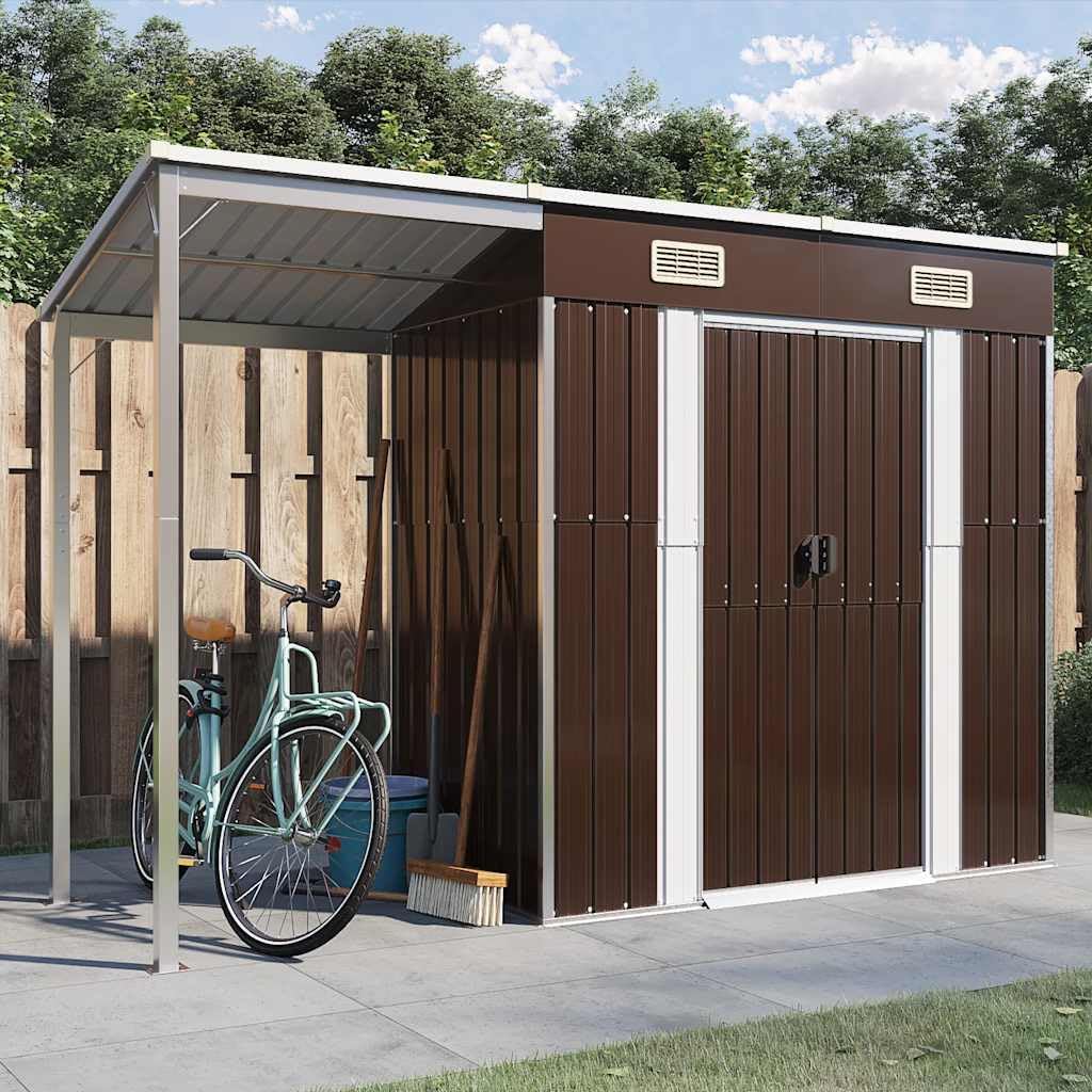 vidaXL Abri de Jardin avec Toit Prolongé, Cabane à Outils avec Poignées, Remise à Outils, Abri de Rangement Terrasse, Marron 277x107x181 cm Acier