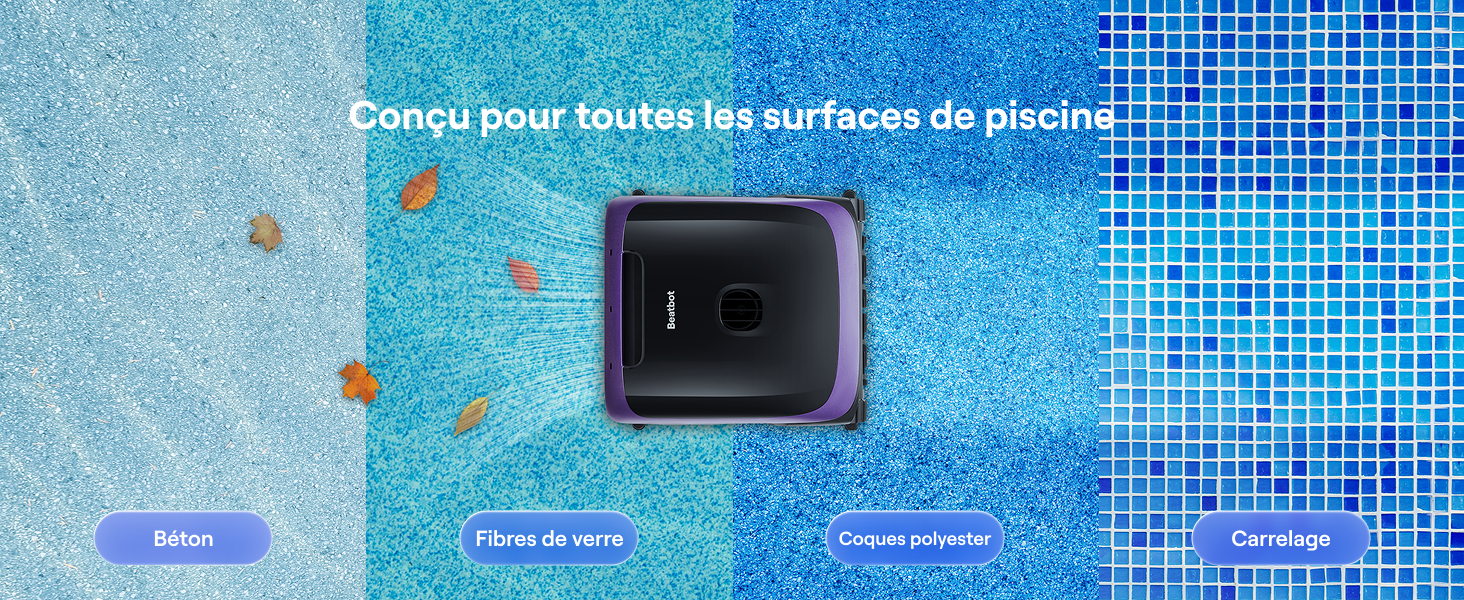 Le texte se lit comme suit : « Convient pour toutes les surfaces de piscine ». Dispositif de nettoyage de piscine illustré sur fond de mosaïque bleue avec des gouttelettes d'eau.