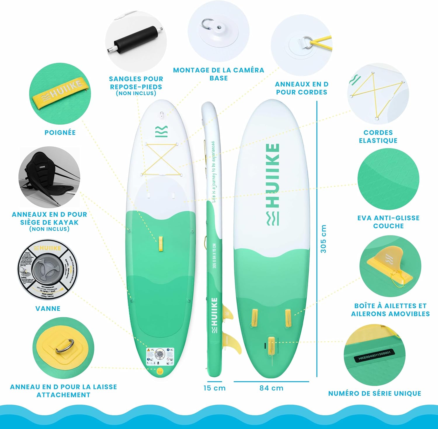 HUIIKE - Paddle gonflable adulte - 305x84x15cm - grande stabilité, accessoires inclus