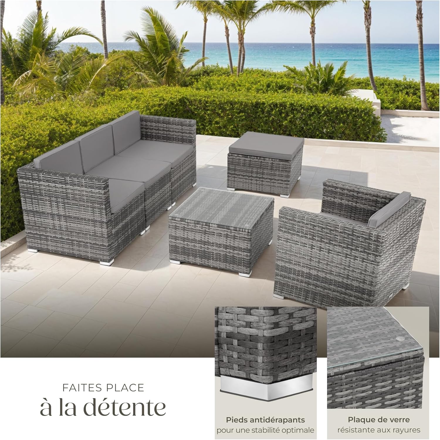 tectake - Ensemble Poly Rotin 5 places modulable dimensions, salon extérieur