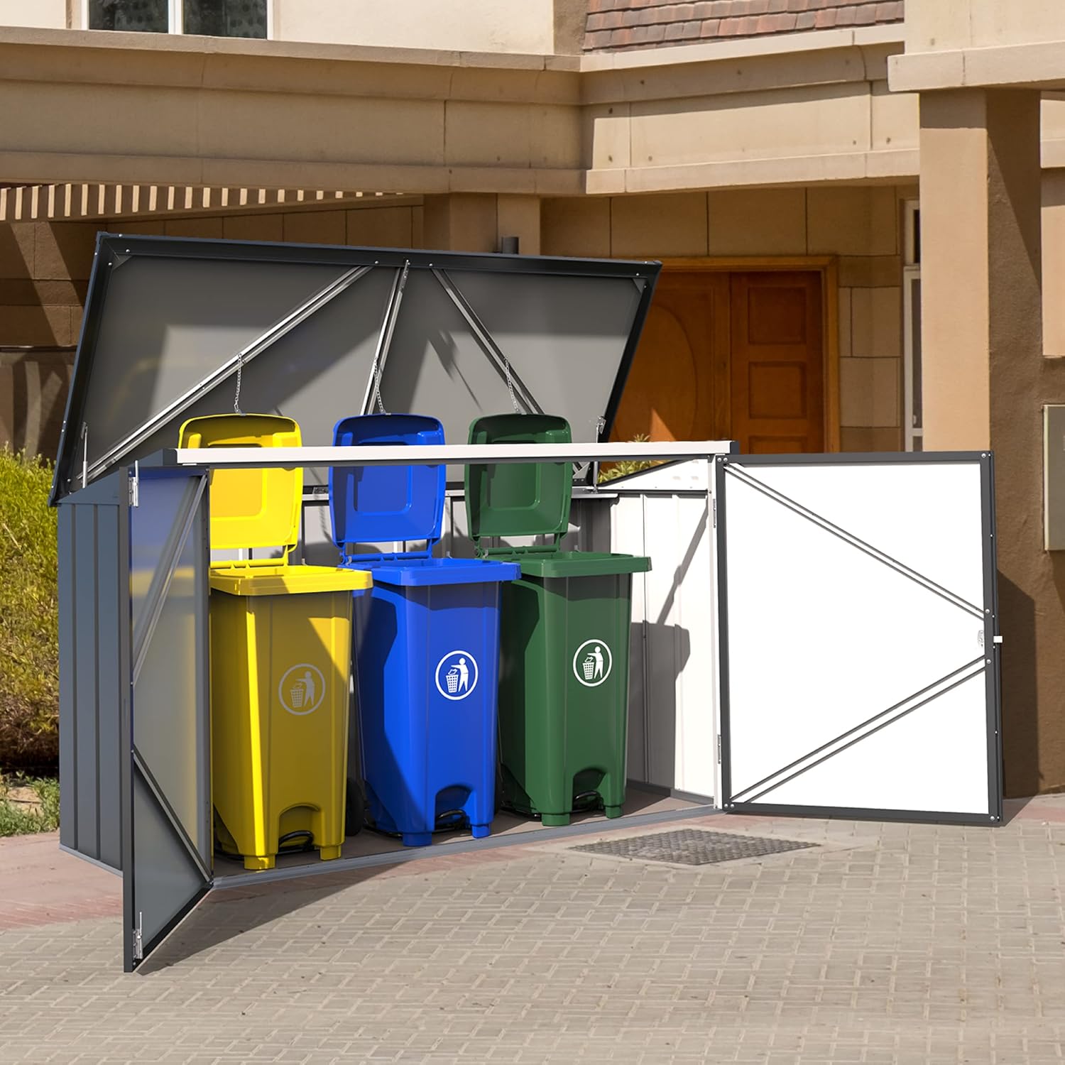 Duramax abri pour poubelles pour 3 avec ouverture par le haut et portes doubles verrouillables, abri de jardin en métal, cachettes pour poubelles, Abri pour poubelles, 214x101x133 cm, anthracite