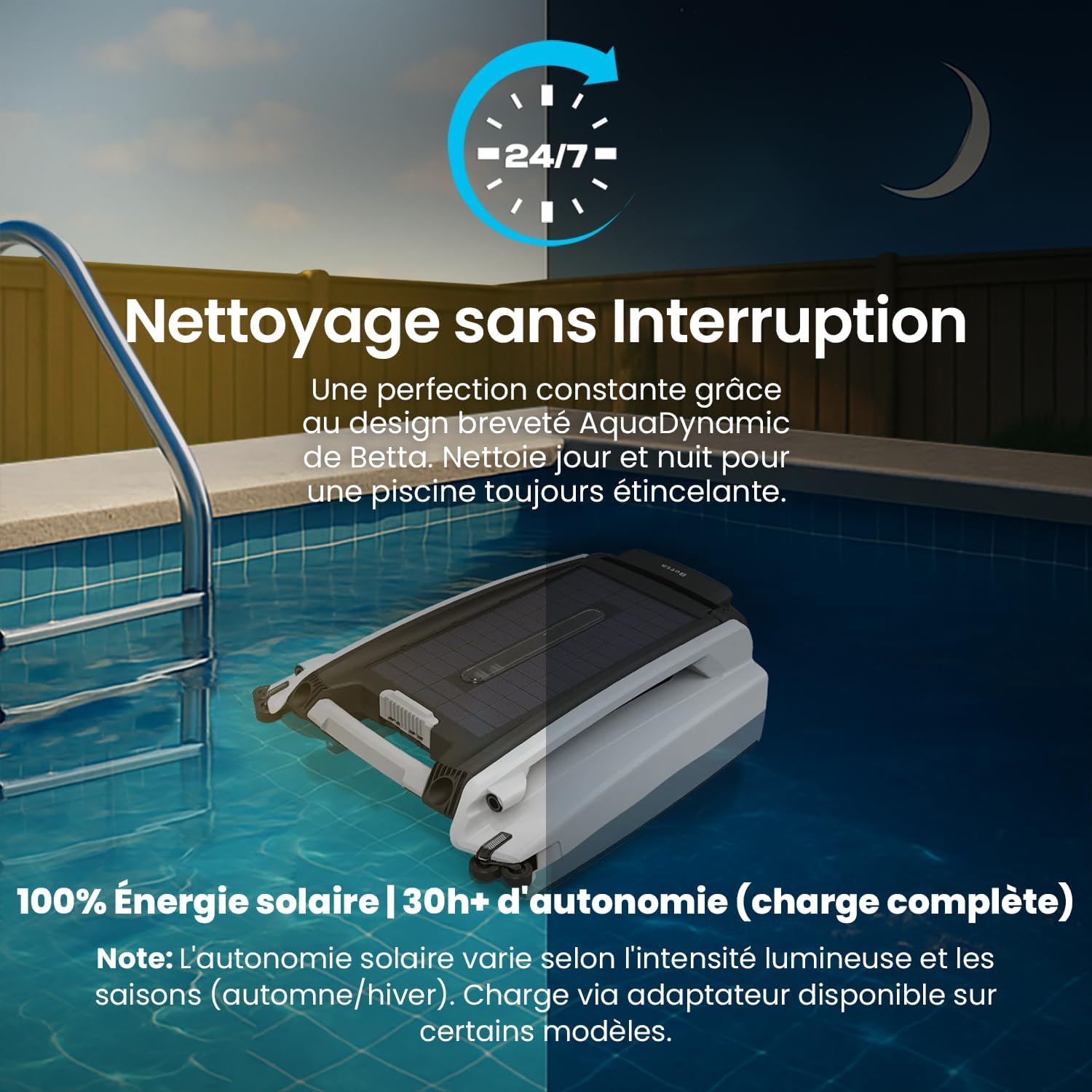Betta - SE - robot skimmer solaire piscine, 30h autonomie, moteurs sel/chlore, nettoyage 24/7