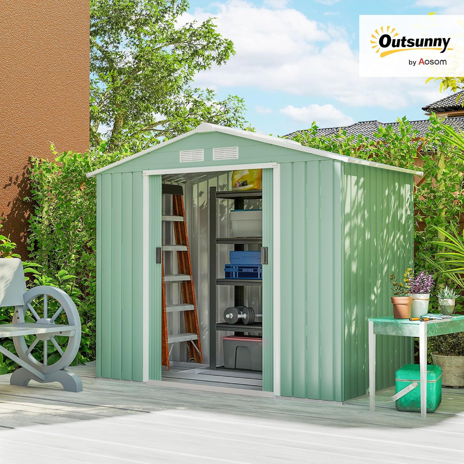 Outsunny - abri de jardin métal 2,77m², porte coulissante, aération, 213x130x185cm
